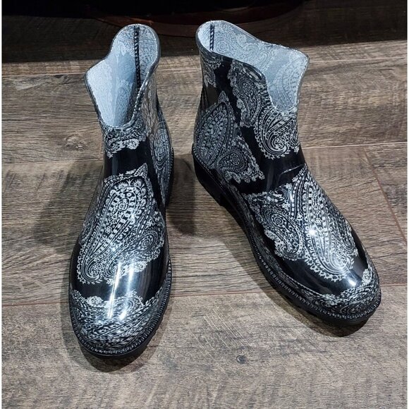 Boots Rain Garden Slip On Rubber Paisley Ankle Women 8 XL 39 - Picture 5 of 12